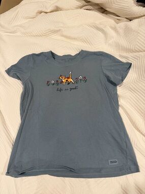 Life Is Good Blue Tee with Orange Cat and Floral Graphic